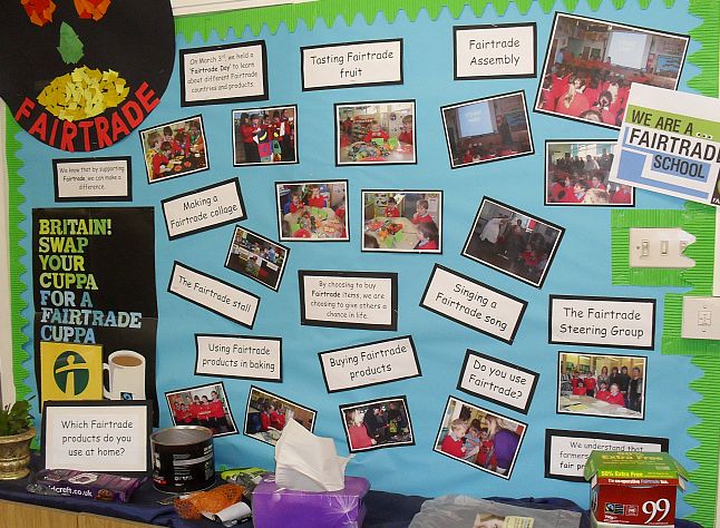 Fairtrade display from a primary school in Bingley, West Yorkshire